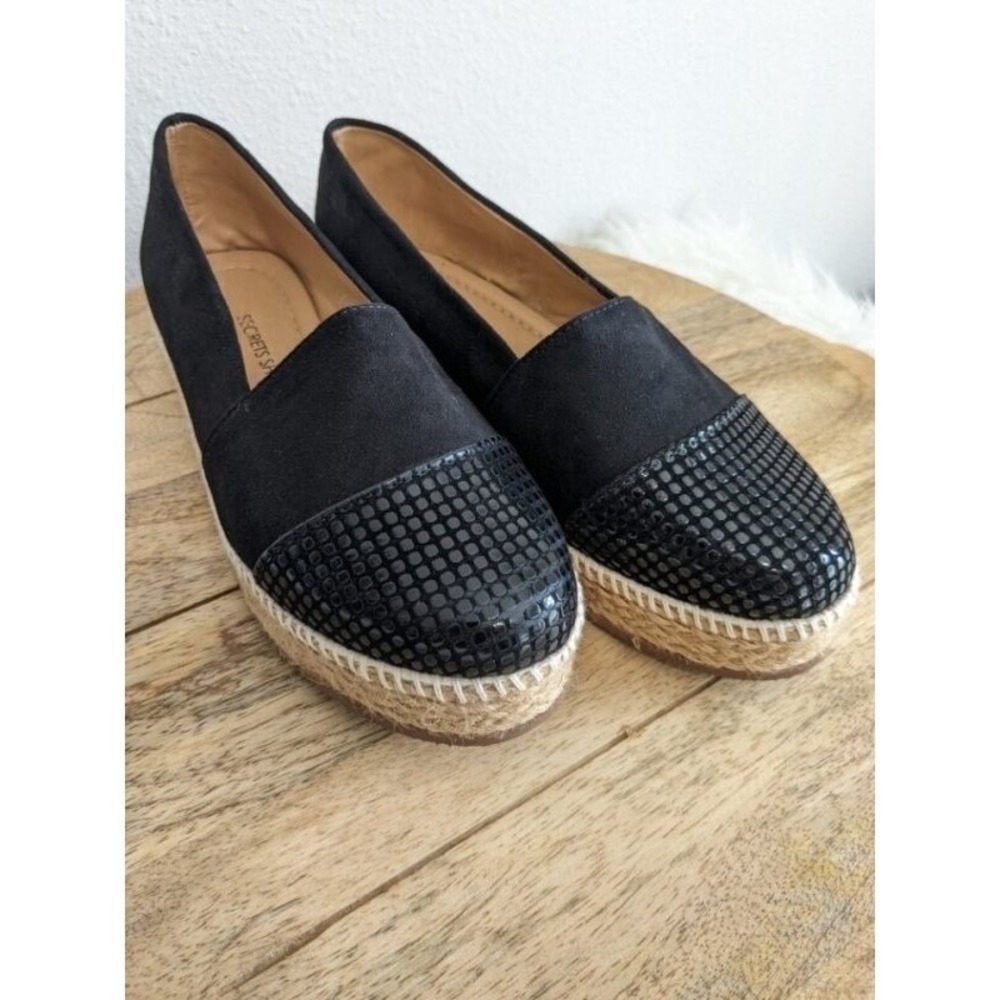 Womens Black Faux Suede 10 Snake Embossed Cap Toe Espadrille Flats Shoes  NEW